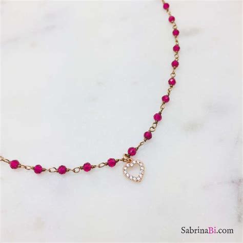 Collana Argento Oro Rosa Rosario Rubino Micro Cuore Zirconi