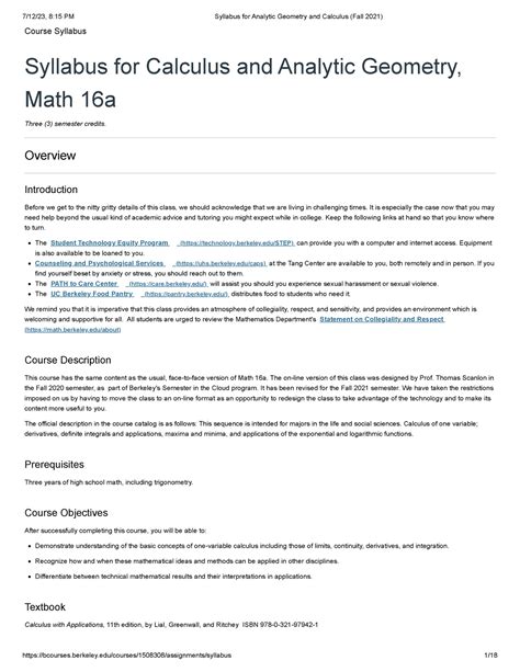 Syllabus For Analytic Geometry And Calculus Fall 2021 Course