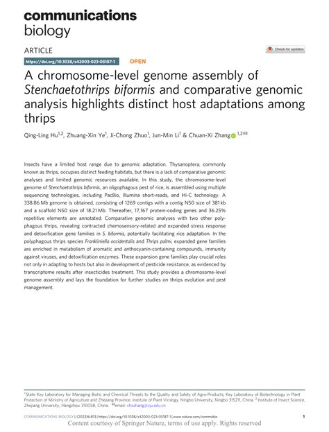 PDF A Chromosome Level Genome Assembly Of Stenchaetothrips Biformis