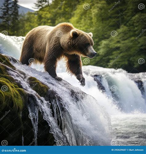 Kodiak Bear Standing on Top of Waterfall Catching Fish Stock ...