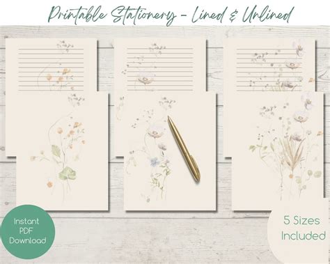 Printable Wildflower Stationery Instant Download Pdf Stationary Lined