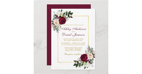 Burgundy Floral Greenery Gold Framed Wedding Invitation Zazzle