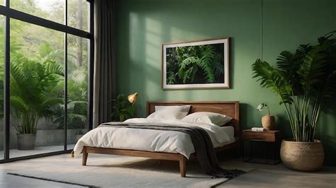 Premium Photo | Green bedroom interior design with wooden bed and plants