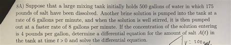 Solved 8A Suppose That A Large Mixing Tank Initially Holds Chegg