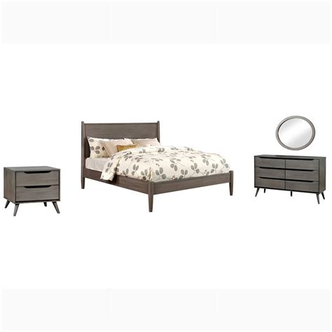 FOA Belkor 4pc Gray Wood Bedroom Set Queen Nightstand Dresser Mirror