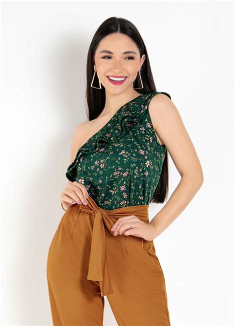 Blusa de um Ombro Só Babado Floral Verde Queima de Estoque