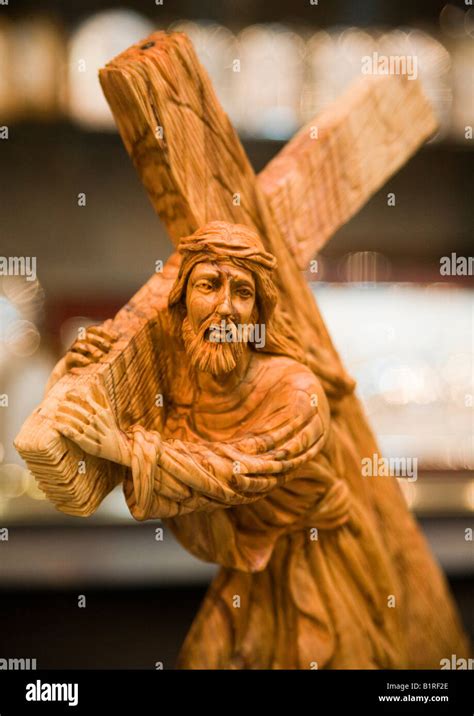 Wood Carving Of Jesus Carrying His Cross Bethlehem Israel Stock Photo