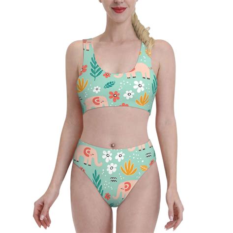 Bixox Elephant And Flowers Pattern Two Piece Sports Bikini With U