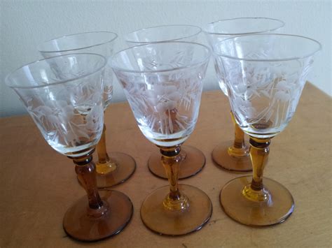 Vintage Etched Cordial Glasses With Amber Stems Vintage Etched Cordials Set Of Six Haute Juice