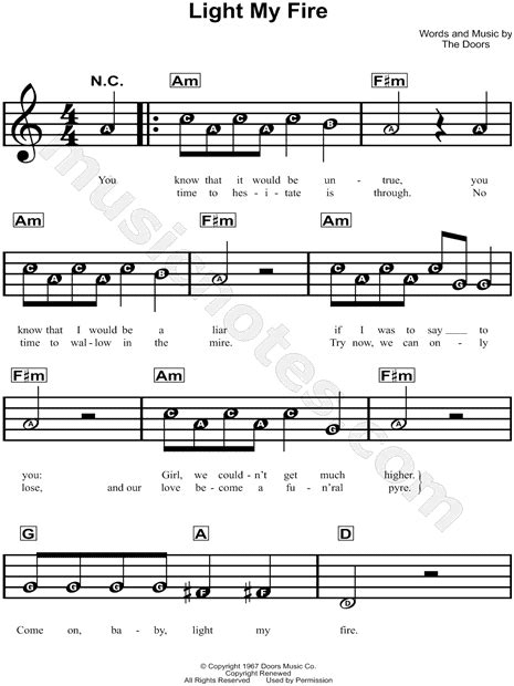 The Doors Light My Fire Sheet Music For Beginners In A Minor Download And Print Sku Mn0136532