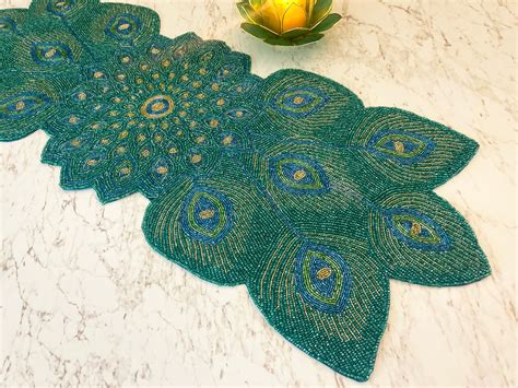 Handmade Bead Table Runner Peacock Design Beaded Runner 13x36 Etsy