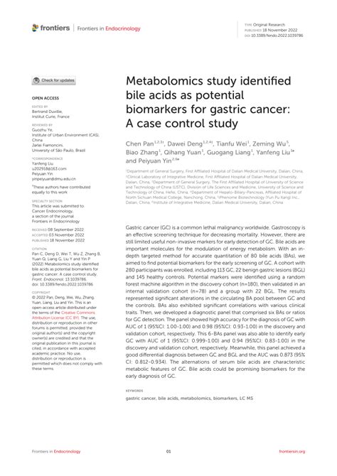 (PDF) Metabolomics study identified bile acids as potential biomarkers for gastric cancer: A ...