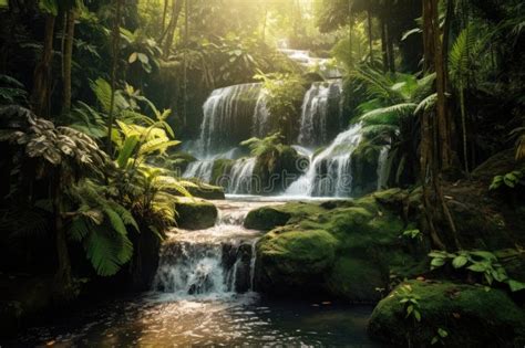 Waterfall In The Jungle With Natural Green Environment And Sun Rays