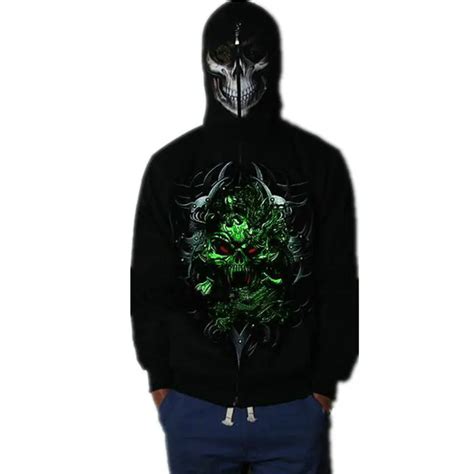 Autumn Winter Men Luminous Red Eyes Skull Print Fleece Hooded Hoodies