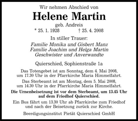 Traueranzeigen Von Helene Martin Saarbruecker Zeitung Trauer De