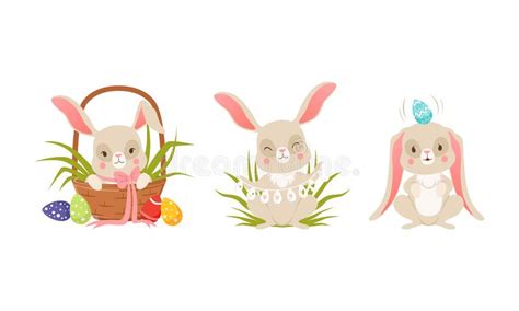 Cute Easter Bunny Eggs Sitting Basket Stock Illustrations Cute