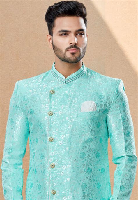 Buy Woven Art Silk Jacquard Asymmetric Dhoti Sherwani In Sky Blue