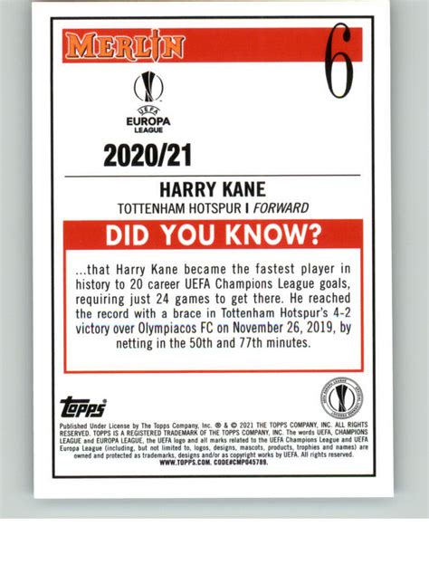 2020 21 Merlin UEFA Champions League 6 Harry Kane NM MT Card Shack