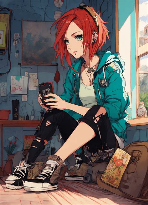 Lexica D Anime Manga Style Punk Rock Girl Knitting At A Cozy