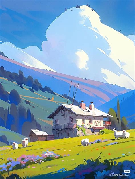 A Painting Of Sheep Grazing In A Field Near A House With Mountains In