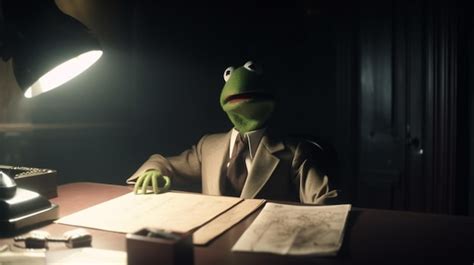 Kermit La Rana Sentada En Un Escritorio Foto Premium