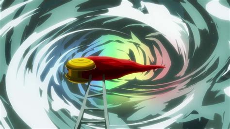 A Red Umbrella Sitting On Top Of A Metal Pole In Front Of A Colorful Swirl