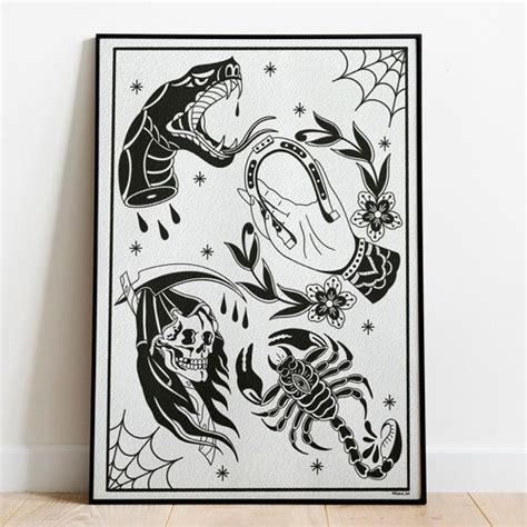 Traditional Tattoo Style Flash Sheet Print Etsy