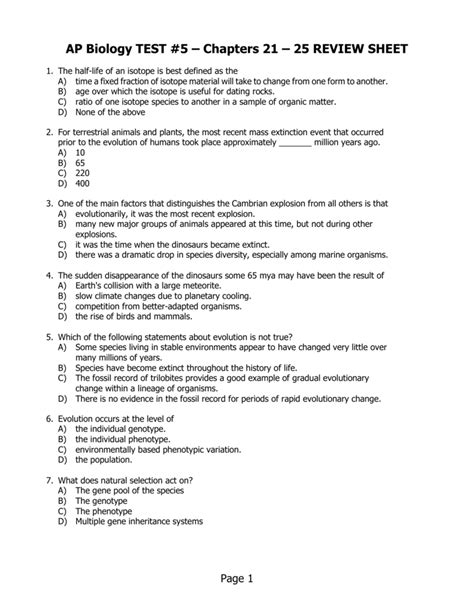 Ap Biology Test 5 Chapters 21 25 Review Sheet