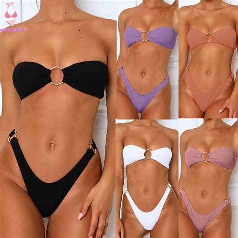 Wobaofu Women S Bikini Solid Set Swimsuit Two Piece Filled Bra Swimwear Beachwear Shopee