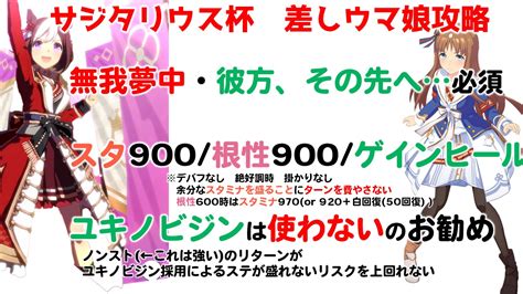 Lcウマ娘アカ On Twitter サジタリウス杯 差しウマ娘 育成方法です。 誰使うか迷ったら総大将スぺ使うのがお勧めです。 無我