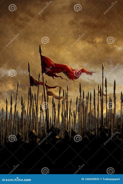 A Red Banner Raised In Front Of A Medieval Army Stock Illustration