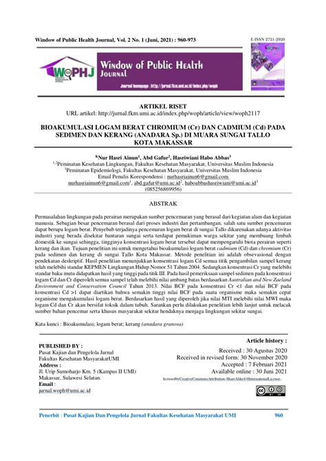 Pdf Bioakumulasi Logam Berat Chromium Cr Dan Cadmium Cd Pada