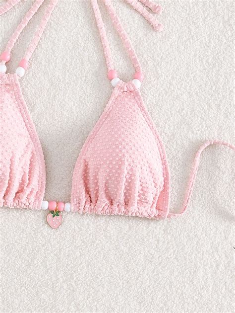 Beaded Detail Strawberry Decor Halter Triangle Bikini Top Shein Usa