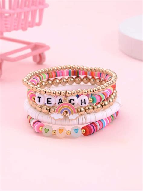 Pcs Set Random Letter Detail Rainbow Charm Beaded Bracelet Shein Usa