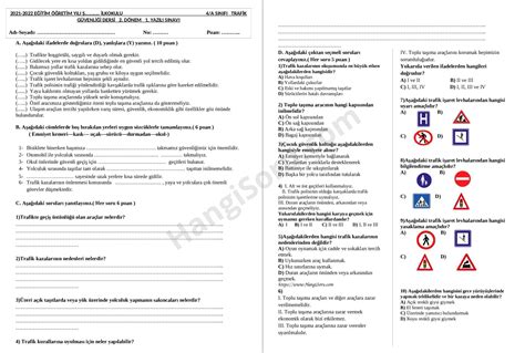 4 Sınıf Trafik Güvenliği 2 Dönem 1 Yazılısı 2022 İndir HangiSoru