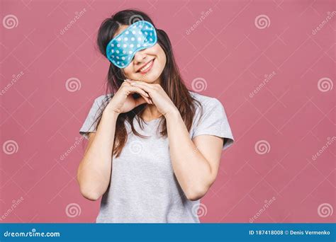 Waist Up Portrait Of Cheerful Smiling Girl In Sleeping Mask Attractive