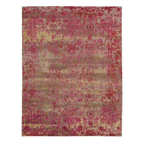 Tapis Prestige En Relief Rouge Framboise Et Beige En Laine Et Soie De