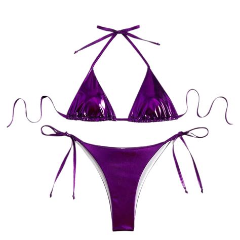SWSMCLT Women S Piece Bikini Set Sexy Swimsuit Halter Brazilian String Metallic Tie Up Bathing