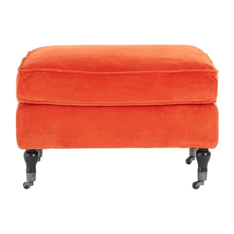 Plush Footstool In Orange Velvet With Birchwood Wheeled Legs Orange