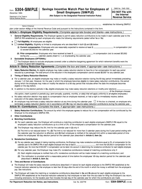 Form 5304-SIMPLE (Rev December 1996) Savings Incentive Match Plan for ...