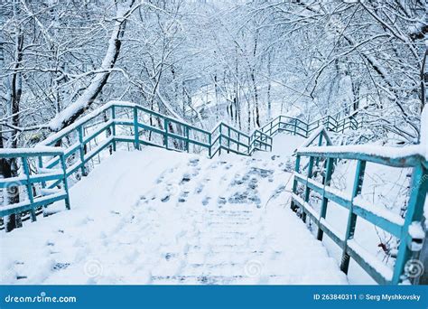 Close Up Of Slippery Stairs In The City In Winter Stock Image Image