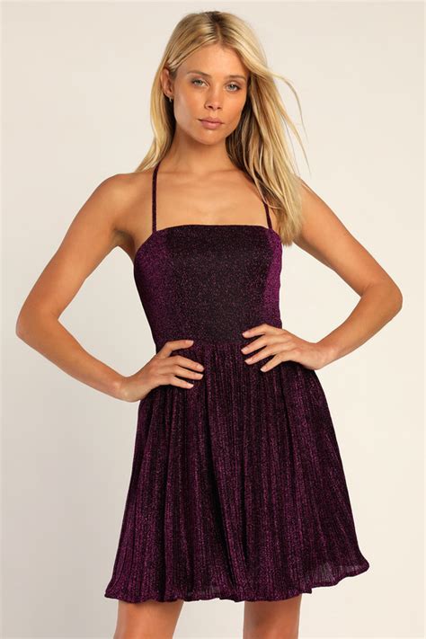 Purple Sparkly Mini Dress Glitter Skater Dress Lace Up Dress Lulus