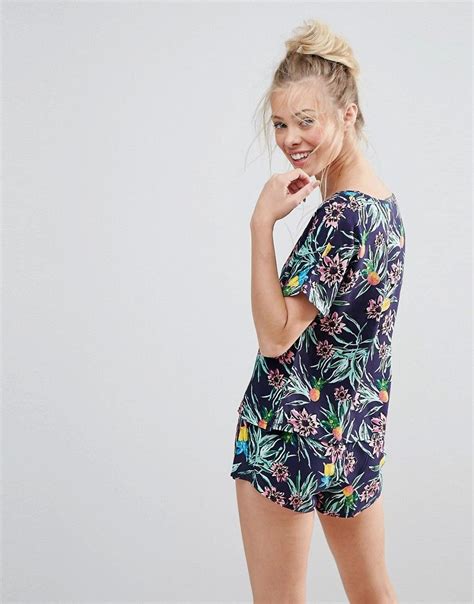 Asos Navy Tropical Print Tee Short Pajama Set Asos