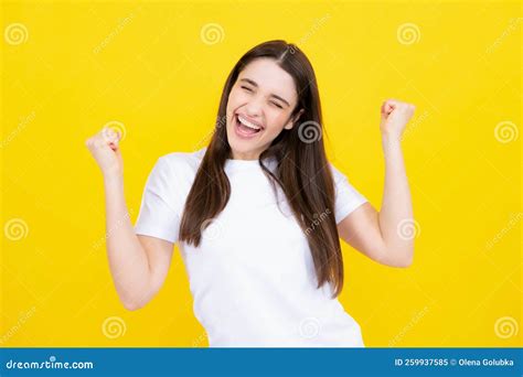 Excited Female Face. Young Woman Showing Winner Gesture. Girl ... 