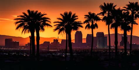 Premium Photo | Palm trees las vegas skyline at sunset