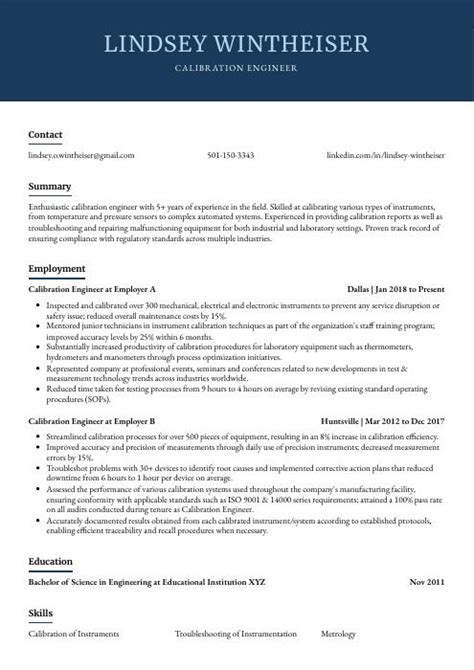 Calibration Engineer Resume CV Example And Writing Guide