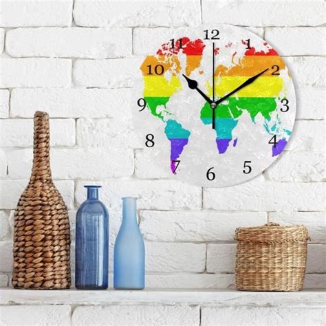 Arc En Ciel Carte Du Monde Horloge Murale Silencieuse Sans