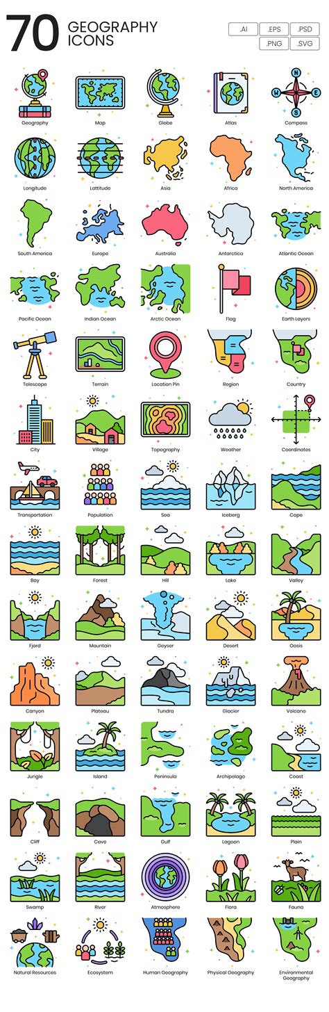 70 Geography Icon Set - Flat Icons