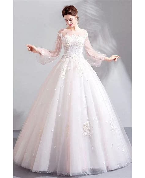 Fairy Floral Tulle Ball Gown Wedding Dress With Long Sleeves Wholesale