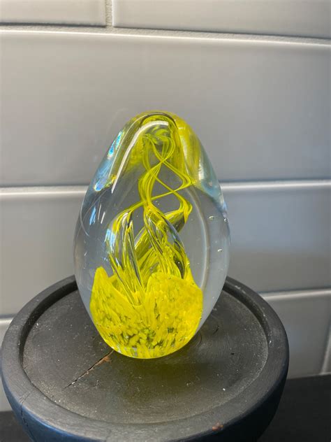 Vintage Art Glass Hand Blown Yellow Swirl Egg Shaped Paperweight Etsy